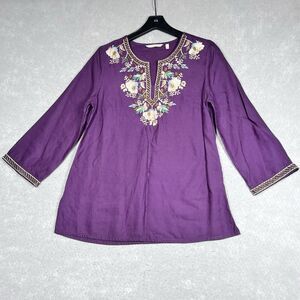 Soft Surroundings Top S Purple Tunic Embroidered Floral Metallic Beaded Boho